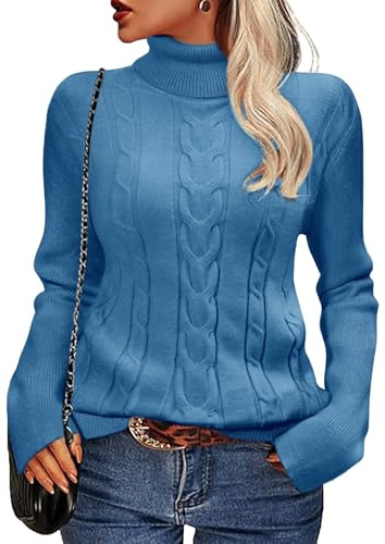 Xnova Winter Jumpers for Women Turtleneck Cable Knit Sweaters Ladies Long Sleeve Tops Warm Chunky Jumper Roll Neck Slim Fit Pullover Knitwear, Blue, M