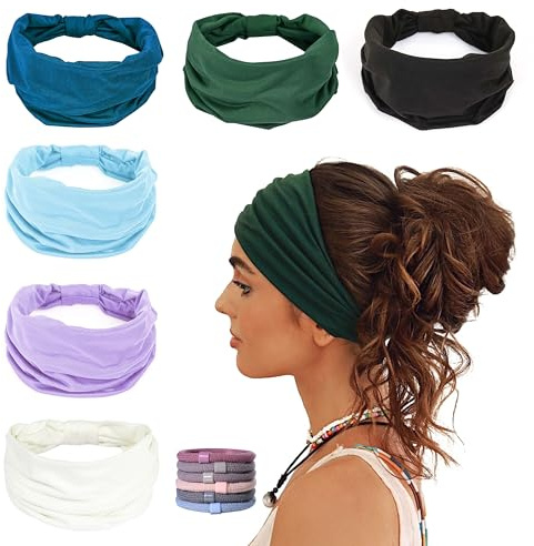 GiLi 6 Pack Wide Headbands for Women Non Slip Soft Elastic Hair Bands Yoga Running Sports Workout Gym Head Wraps, Knotted Cotton Cloth African Turbans Bandana (with 6 Pcs Hair Ties)