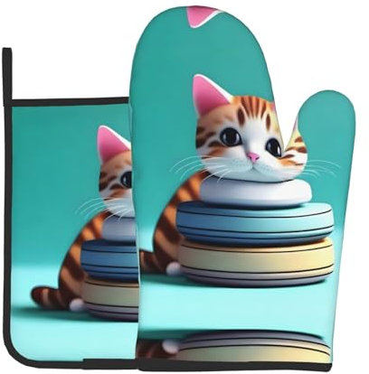 YYHWHJDE Set di 2 guanti da forno e presine con immagine di gatto impilabili, utilizzati per aprire i coperchi delle pentole in cucina e per trasportare piatti dai forni a microonde