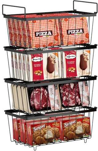 W&H Organizador de congelador, 4 cestas apilables para congelador, con asas, fácil acceso a alimentos congelados, negro, para congeladores de 5 a 7 pies cúbicos