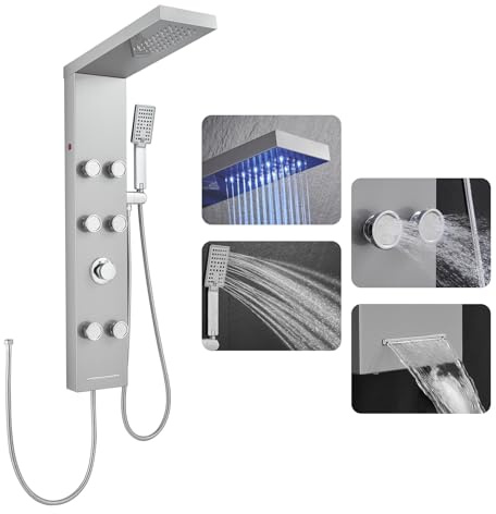 ROVOGO Colonne Panneau de Douche Hydromassante LED sans Robinetterie, 4 Modes - Douche de Pluie, 6 x Jets de Massage, Douchette à Main et Bec de Baignoire Cascade, Brossée Acier Inox, Montage Mural