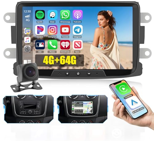 Ohradio 4G+64G Android bilradio för RenaultDacia Duster Sandero Logan Dokker med trådlös Carplay Android Auto Trådlös - 8 wifi pekskärm FM/RDS GPS USB BT-kamera+MIC