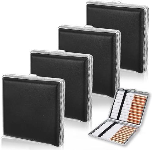 4 Stück Zigarettenetui Leder Metall, Schwarz Zigarettenetui 20 Zigaretten, Pu Leder Metall mit Schnappverschluss, Zigarettenschachtel für Hosen Und Hemdtaschen