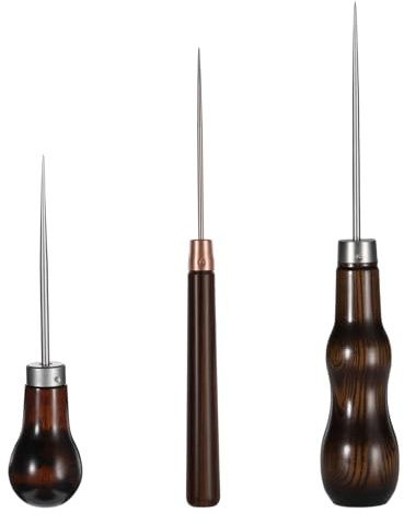 3 Pack Awl Tool Set Scratch Awl Tool with Wooden Handle Gourd Shape Pin Punching for Leather Sewing Awl Punch Hole Craft Repair Shoes Sewing Crochet DIY Handmade Stitch