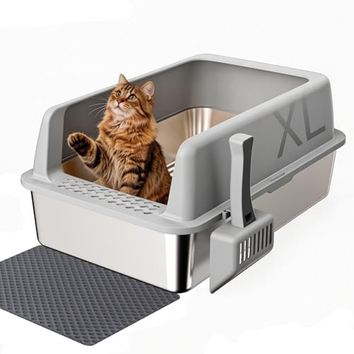 Gimars Caja de Arena XL de Acero Inoxidable 35L, Arenero Acero Inoxidable Gatos 58x38x26cm con Pala y Alfombrilla, Bandeja Metálica Grande para Gatos Grandes y Medianos, Fácil de Limpiar y Duradera