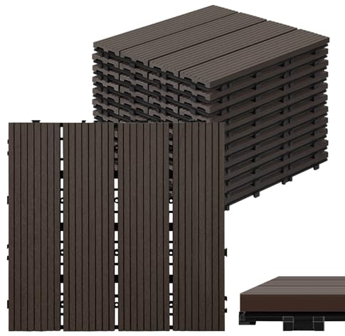 Eulenke WPC terrassplattor 110 stycken, 30 x 30 cm terrassbrädor för balkonggolv, klickplattor, balkongplattor i träutseende, golvbeläggning väderbeständig för terrass, för 10 m², kaffebrun