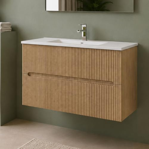 Yellowshop | Mobile Bagno Sospeso FLY 100 cm - 2 Cassetti con Lavabo Ceramica, Finitura Cannettata, Chiusura Soft-Close Rovere Tabacco (Mobile con lavabo)