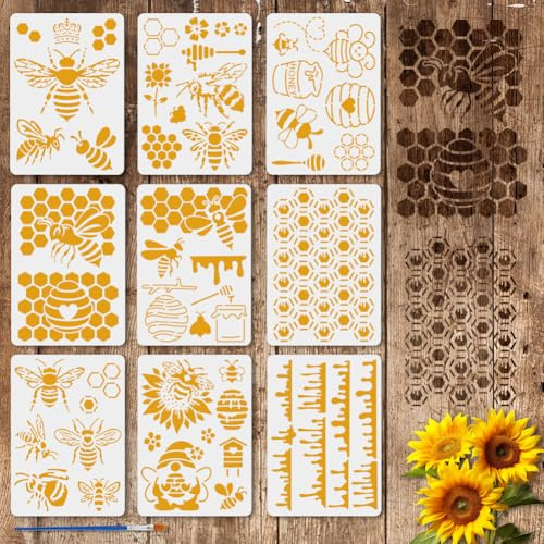 FINGERINSPIRE 9 Stück Schablonen Mit Bienenmotiv Zum Malen Mit Pinsel 21x29.7cm Wabenschablone Ausgehöhlte Honigmusterschablone Kunststoff PET Tiermotivschablone Für Wand Und Bodendekoration