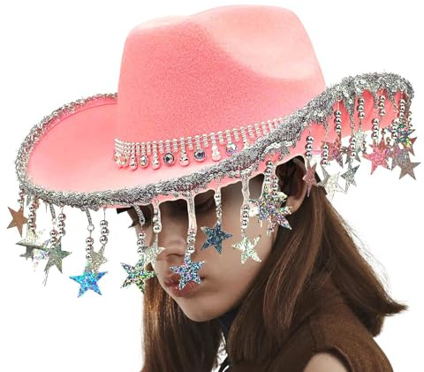 Cowboyhüte für westliche Frauen, funkelnde Cowgirl-Hüte, glitzernder Cowboyhut – glitzernder Helm mit Quasten mit Sternen mit fünf Spitzen, für Frauen, Masquerade E