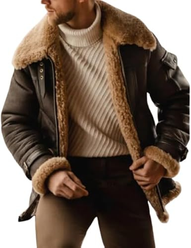 Men’s Brown B3 Shearling Leather Jacket – Real Sheepskin Aviator Coat – RAF Bomber Winter Jacket – Warm Fur Lined Long Pilot Jacket (UK, Alpha, XL, Regular, Regular)