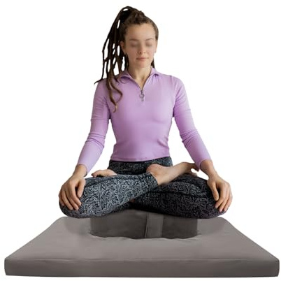 soudesileim Meditation Mat and Cushion Set, Ergonomic Design, Removable Covers, Machine Washable, 80x80x8cm Square Cotton Meditation Mat, 40x13cm Round Buckwheat Yoga Pillow (Gray)