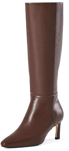 GENSHUO Bottes Femme Hauteur Genou avec Talon Kitten 5 cm, Bout Carré, Fermeture Éclair, Confortables et Élégantes pour Automne Hiver, Marron, 40 EU