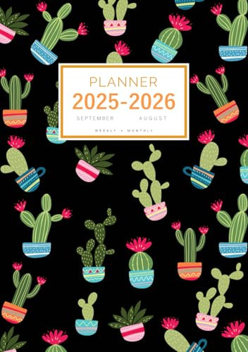 Planner September 2025-2026 August: A5 Weekly and Monthly Organizer | Mexican Cactus Succulent Design Black