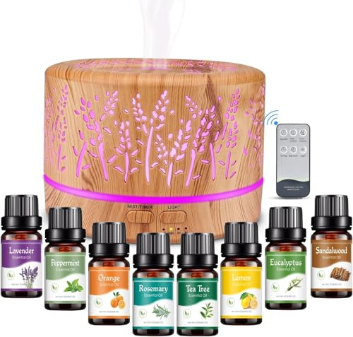 500ml Aroma Diffuser mit 8 * 10ml Essential Oil Ätherische Öl Set BPA Frei | Kinder diffuser mit Fernbedienung lavendel Aroma Diffusor Luftbefeuchter für SPA Büro Yoga 14 LED Farbe mit Timer Geschenkset