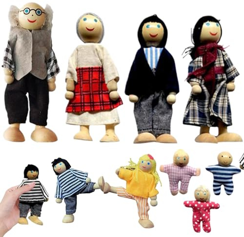 Hbbgdiy Dollhouse People 9 Figurines de Famille en Bois, Ensemble de poupées posables, Maison poupée, Accessoires, Jouet pour Filles et garçons, Jeu Simulation, Maison poupée Miniature Noël