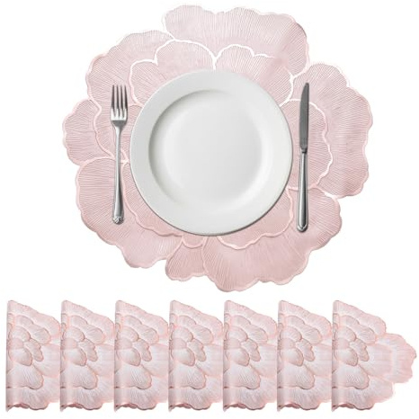 QUARKZMAN Set Di 8 Sottopiatti Rotondi In PVC 15 x 15/38 x 38cm | Sottopiatti In Polivinile Metallizzato Lavabili Tavolo, Con Stampa Floreale Rosa Bianca E Rosa, Per Tavoli Da Pranzo