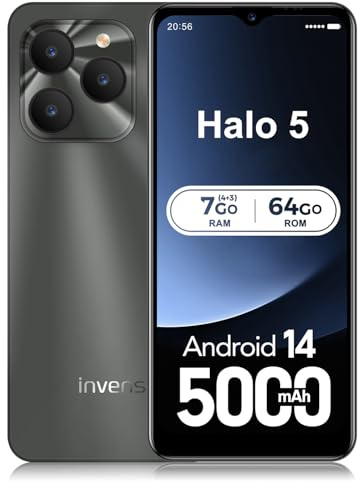 invens Halo 5 Smartphone Android Pas Cher, Téléphone Portable Sans Forfait, Grand Écran 6,52 HD+, 16MP+8MP Telephone Portable Batterie 5000mAh, 7(4+3) Go RAM 64 Go(TF 256 Go)ROM, Daul SIM/OTG/FACE ID