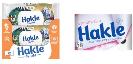 Hakle Feucht Kids Feuchtes Toilettenpapier, 12er-Pack (12 x 42 Blatt) und Traumweich Toilettenpapier – 16 Rollen | 12 x 42 Blatt Feuchtes Toilettenpapier und Toilettenpapier Sanfte Reinigung für Wohlbefinden