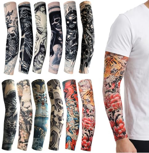 Qwrqwr 12 Pieces Tattoo Sleeves for Men Fake Tatoos Arm Sleeve Elastic Hip Hop Sun Block for Men Women (C)