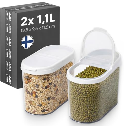 SmartStore Barattoli Ermetici per Alimenti, Set 2 I 1,1L I Coperchio a Cerniera I Impilabili, Trasparenti I Dispensa Cucina I Cereali, Farina, Pasta, Zucchero, Riso