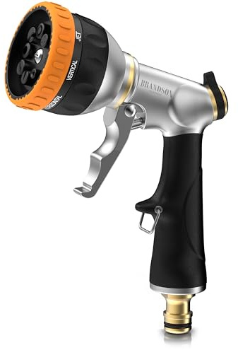 Brandson - Garten Handbrause Metall – 8 Sprühmuster – Abzugshebel verriegelbar – frostsicher und rostfrei - 1/2 Zoll – Schnellkupplungssystem – Metall Messing – Gartenbrause Gartenspritze
