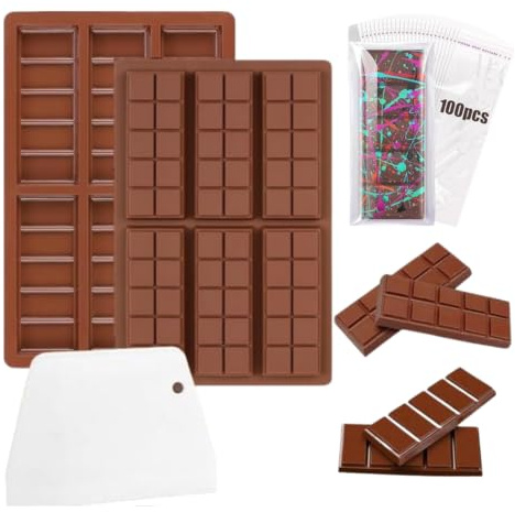 Dubai Schokoladenform Silikon Set - 2 Stück Tiefe Schokoladenformen mit Schaber & 100 Beuteln - BPA Frei & Lebensmittelecht für Chocolate Filling & Pralinen