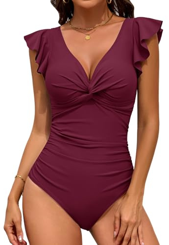 Vijamiy Costume Intero Donna Escote en V Sensual Volantes Contenitivo Curvy Costumi con Motivi Floreali,per la Spiaggia e la Piscina(Bordeaux-Viola,XL)