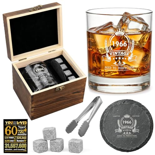 60th Birthday Gifts for Men, Vintage 1966 Whiskey Glass Set with Wood Box, Whiskey Stones, 1966 Poster Anniversary Card, Coaster, Engraved Whisky Glass 60th Birthday Presents for Him Husband Dad