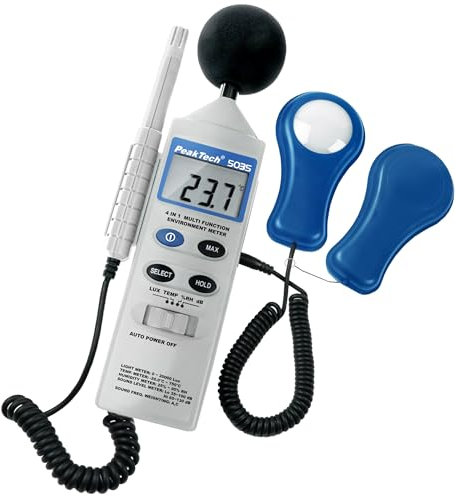 PeakTech P 5035, 4 in 1 Multifunktions Umweltmessgerät zur Messung von Schall, Temperatur, Luftfeuchtigkeit und Lux, Messer, Db Messung, LCD Anzeige, Typ K Sensor, batteriebetrieben - 250G