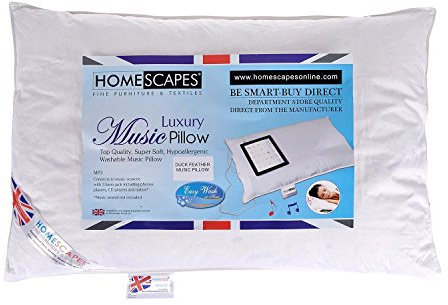 HOMESCAPES Oreiller Musical en Plumes de Canard Ultra gonflant et Moelleux 50 x 75 cm, Oreiller Enceinte intégrée, Compatible avec iPod/iPhone/Mp3/portable