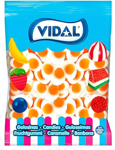 Vidal Golosinas. Huevos Fritos Brillo. Gominolas en forma de huevo frito con sabor a nata y textura esponjosa. Color blanco con yema amarilla brillante. Sin gluten ni grasa. Bolsa 167 u
