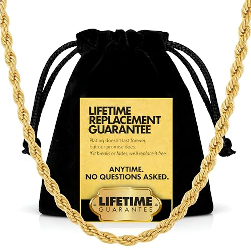 Lifetime Jewelry - Collar de cadena de cuerda de 4 mm chapado en oro auténtico de 24 quilates, para hombres y mujeres