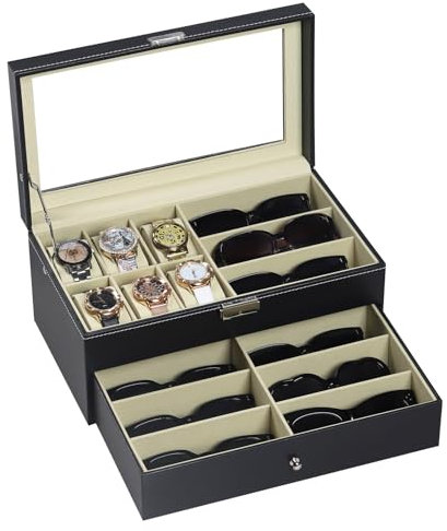 Autoark Scatola Porta Orologi Custodia per 6 Orologi e 9 Occhiali da Sole in Pelle,con cassetto,con Serratura,Vetro Trasparente,Nero,AW-048