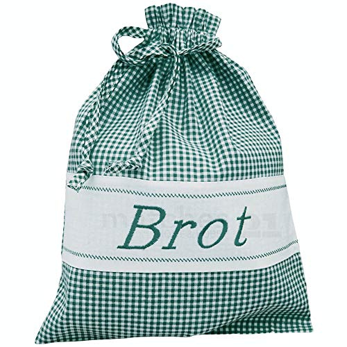 Brotbeutel Landhausstil aus Stoff grün-weiß kariert ,,Brot'-Schriftzug bestickt - Stoffbeutel 30 x 40 cm nachhaltige Brotaufbewahrung - Aufbewahrungsbeutel, als Beutel mit Kordelzug für Brot & mehr