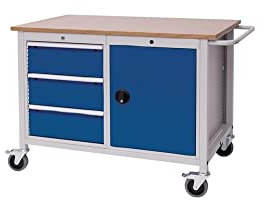 Werkbank B1250xT750xH935mm Buche Multiplex lichtgr au/signalblau 3 Schubl.1 Tür