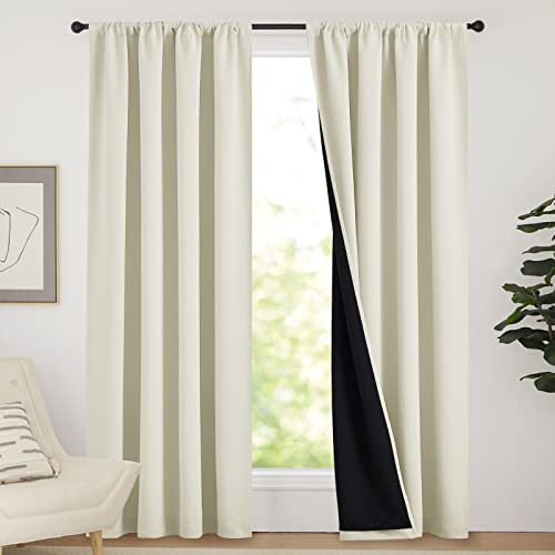 NICETOWN Living Room Completely Shaded Draperies, Privacy Protection & Noise Reducing Drapes, Black Lined Rod Pocket Window Treatment Curtain Panels for Patio Door (Beige, 2 Pieces, W52 x L84)