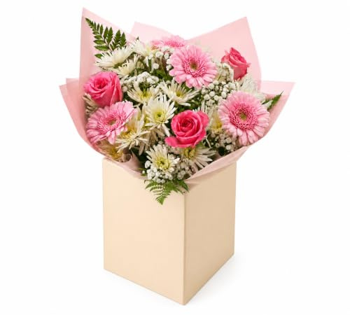 Blush and Bloom Pink - White Bouquet with Cream Gift Box | It comes with a lovely card, the florist will add your message inside