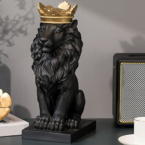 LC LCdecohome Lion Statue Outdoor Collectible Figurines - 15 Inch Gold Crown Black Standing Lion Home Decor for Desk Decorations for Home Gift for Man Lion Statues 8.5 * 5.5 * 15 Inch