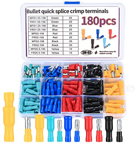 180 Pcs Electrical Crimps Connectors, Insulated Male and Female Bullet Butt Connectors, Wire Terminal Cable Connectors for Electrical udio Wiring Cables