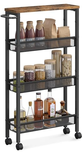 VASAGLE Slim Rolling Cart, 4-Tier Narrow Storage Cart with Handle, 5.1 Inches Deep, Metal Frame, for Kitchen, Dining Room, Living Room, Home Office, Rustic Brown and Classic Black ULRC032B01V1