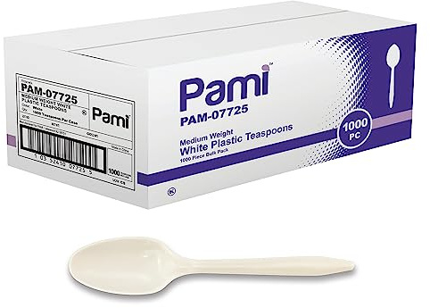 PAMI Bulk Plastic Spoons 1000 Count Disposable Medium Weight Sturdy Cutlery for Parties and Catering (Teaspoons Teaspoons White)