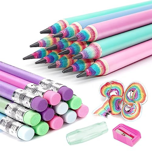 Hanffero Regenbogen Bleistifte, Zeichnung Schreiben Bleistift mit Gummi, Recycelbares Papiermaterial, Vorgespitzt, Für Schule und Büro - Härtegrad HB (24 Stück)