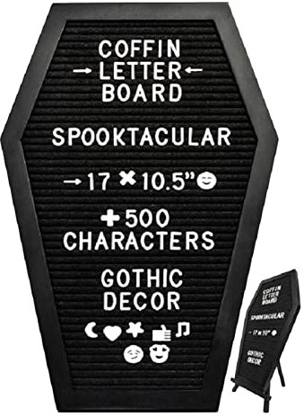 Fowybe Schwarzbuchstabe Board | Gruselige Halloween-Dekoration Sarg-Brieftafel mit weißen Zeichen und Ständer,Gothic Decor Witchy Gifts Letterboard-Set für Halloween-Partys