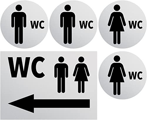 Clever Pool Aufkleber WC Toiletten Set Damen + Herren Schild – wetterfest - Toilettenschild – Türschild – Folienschild – D = 148 mm, Hinweisschilder neutral grau (2 WC Herren+Damen+Pfeil links grau)