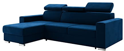 MEBLINI Schlafcouch mit Bettkasten - Ecksofa mit Schlaffunktion - Sofa mit Relaxfunktion und Kopfstützen - Couch L-Form - Eckcouch - Wohnlandschaft - Voss - 242x168x79cm Links - Blau Samt