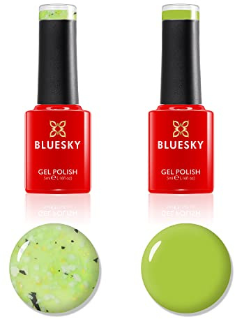 Bluesky Flower Gel Nail Polish Duo 2 x 5ml, Lily Pad Leap BFL02 | Flakes of black, gold and white float in a see through layer, giving the green base included a shattered glass look.