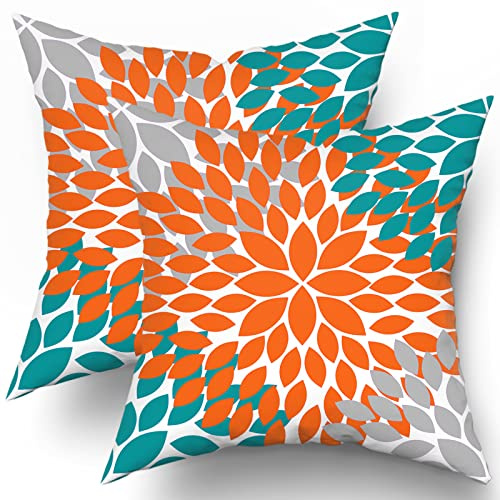 Kawani Orange Teal Grey Pillow Covers 20x20 Dahlias Floral Modern Farmhouse Rustic Decorative Cotton Couch Pillow Cases with Zipper Set of 2 Home Decor for Living Room Bedroom Bed Cushion Outdoor