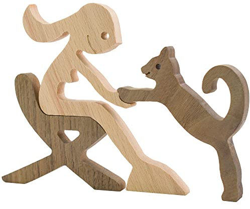 Enkrio Figuras de gato de madera talladas a mano, estatua de escultura humana hecha a mano, acentos artesanales, adorno de madera para decoración de mesa de pie para decoración del hogar