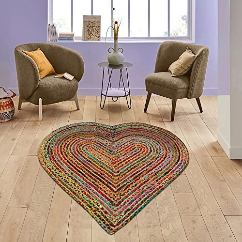 CASAVANI 100 % handgefertigter Flickenteppich aus natürlicher Jute und Baumwolle, geometrisch, mehrfarbig, harte Form, Kreisteppich, beste Verwendung für Zuhause, Büro, Schlafzimmer, Wohnzimmer, Flur,