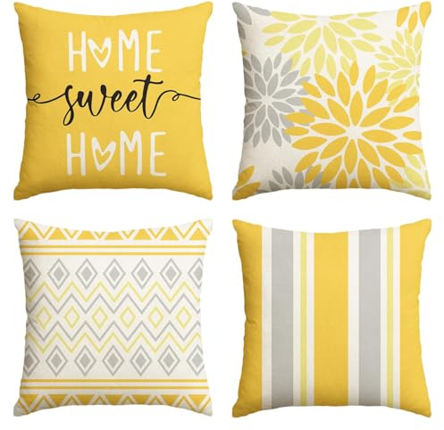 Artoid Mode Juego de 4 fundas de cojín de primavera Dahlia amarillo Home Sweet Home, fundas de cojín de 45x45 cm para verano, funda de cojín para sofá, decoración del salón